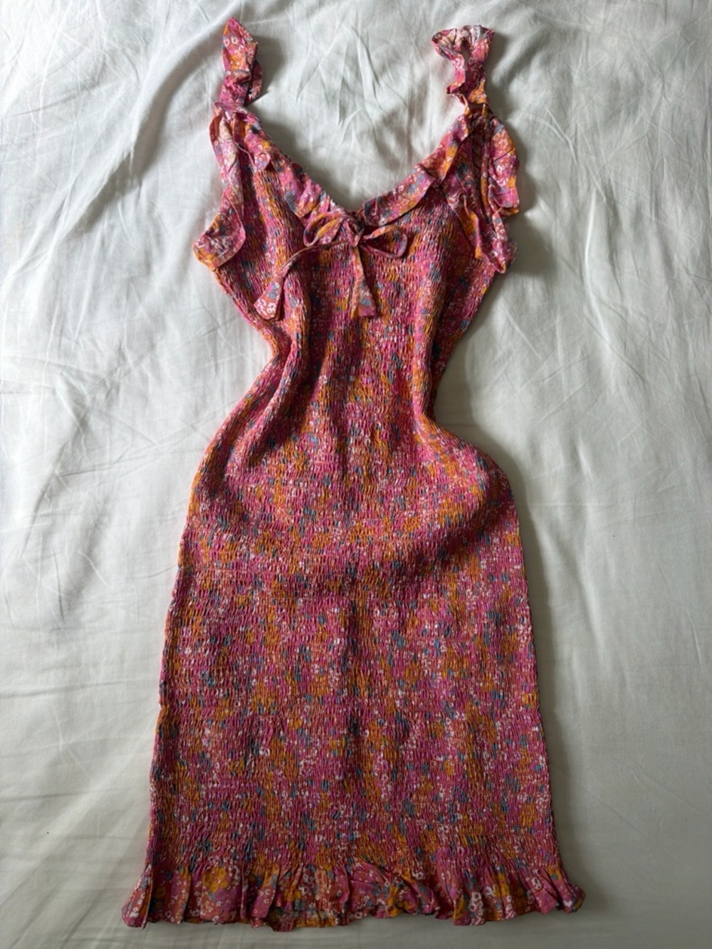 multicoloured floral midi dress with tie front and ruffle straps